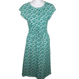 WoolOvers Women's Tie Waist Midi Dress Size XS Green White Floral Medallion
